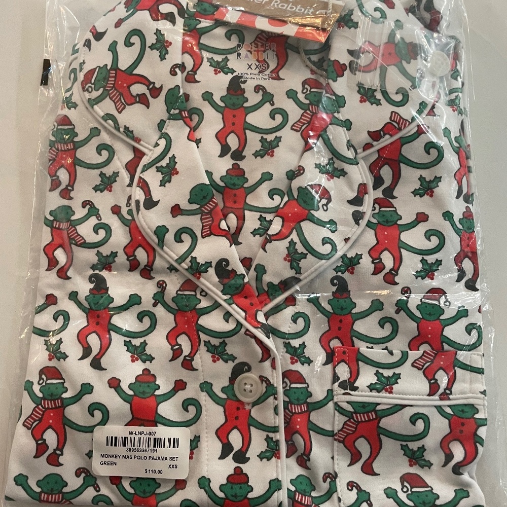 NWT Roller Rabbit Monkey Mas Polo Pajamas XXS Holiday